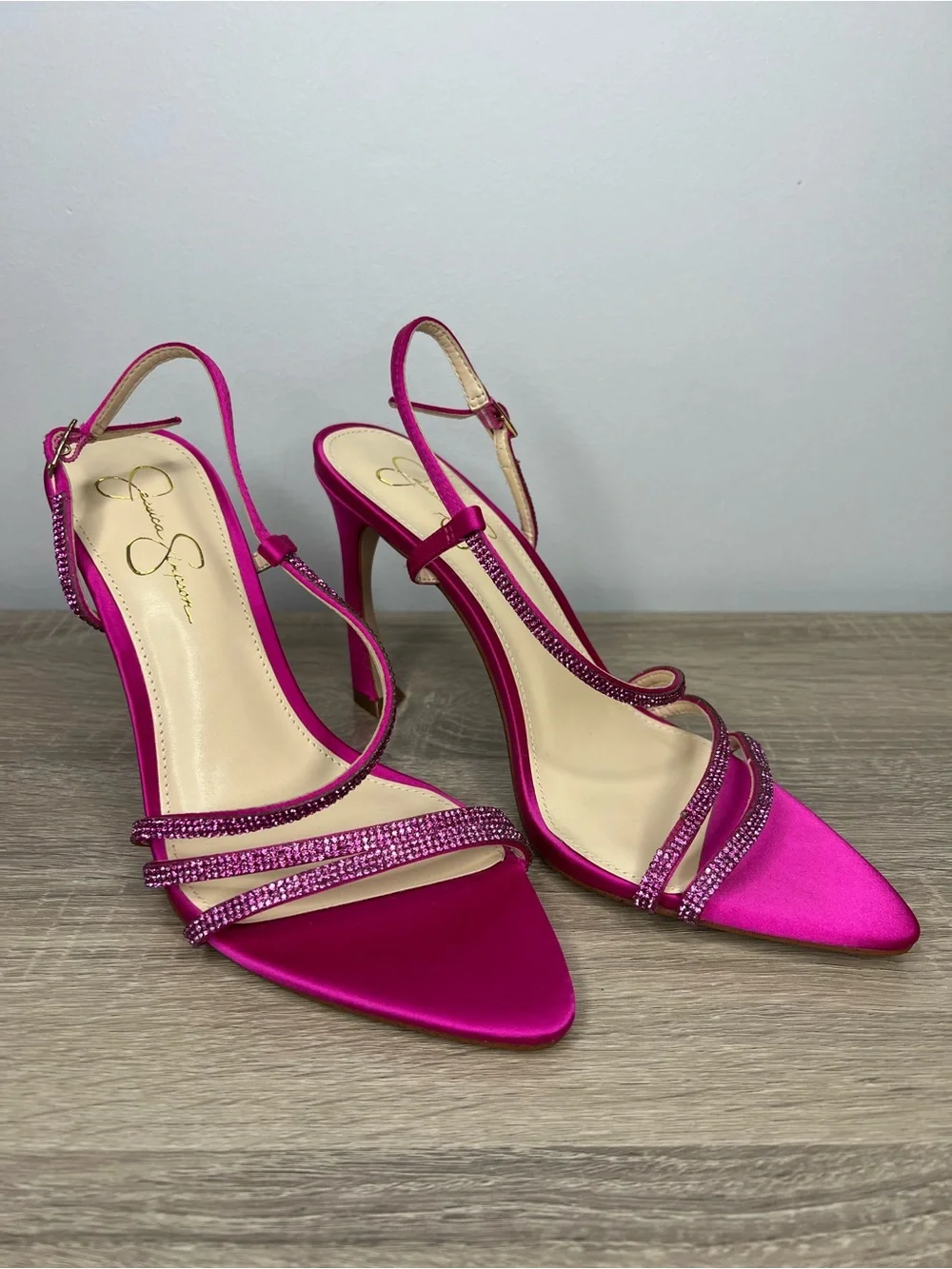 Jessica Simpson Pink Satin Rhinestone Strappy Heels Sz 10 Slingback Sandals 4.5”